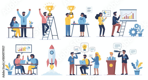 Vector illustration of various business people involved in various office activities and teamwork.