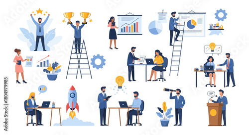 Vector illustration of various business people involved in various office activities and teamwork.