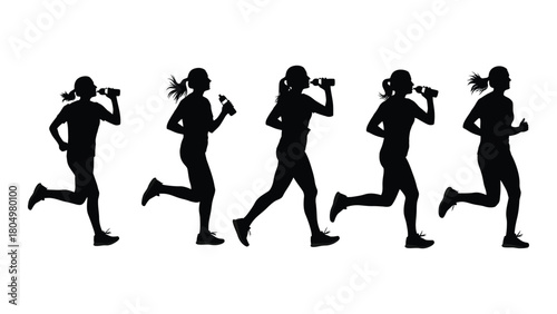 Running women silhouettes with water bottles isolated on white background, Vector