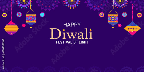 Happy diwali festival of light with hanging lanterns and decorative elements on a purple background