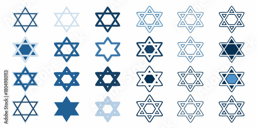 Collection of star of david symbols in various shades of blue and styles on a white background