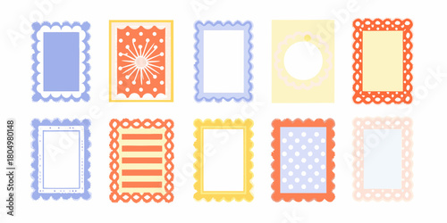 Collection of ten decorative colorful and playful picture frames with scalloped edges and various patterns
