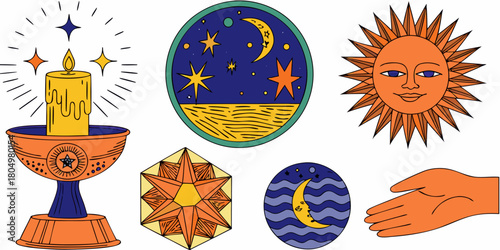 Collection of celestial and mystical symbols including a candle in a chalice sun moon stars and an open hand