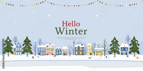 Charming winter village scene with festive bunting and snowfall greeting hello winter