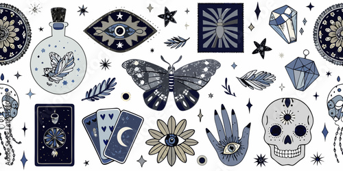 Mystical and celestial elements collection featuring a butterfly tarot cards crystal skull and magical symbols