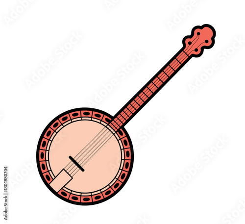 A simple illustration of a banjo, a stringed instrument, is shown against a white background.