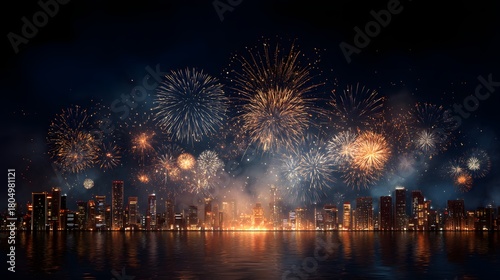 City skyline is lit up with fireworks, creating a festive and lively atmosphere. The fireworks are scattered throughout the sky, with some closer to the foreground and others further away