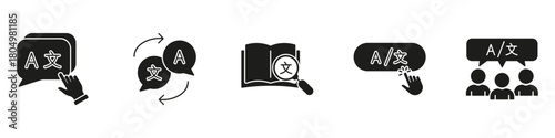 Digital Language and Translation Silhouette Icon Set. Includes Text Recognition, Book Search, Word Swap, and Group Learning Solid Symbol Collection. Isolated Vector Illustration