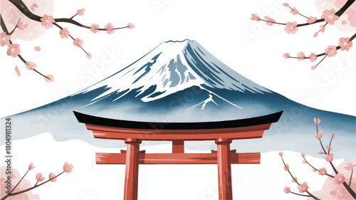Vector Graphic of Mount Fuji With Torii Gate and Cherry Blossoms in Japan With Beautiful Background Travel Landscape Scene Art