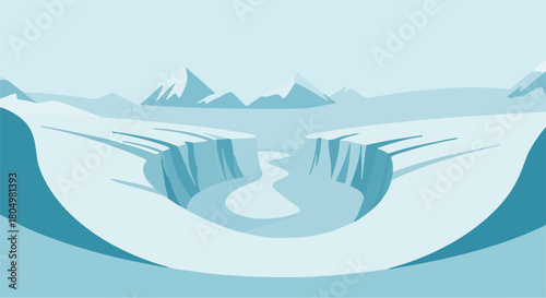 A stylized illustration of a vast icy canyon with a winding river and snow-capped mountains in the distance.