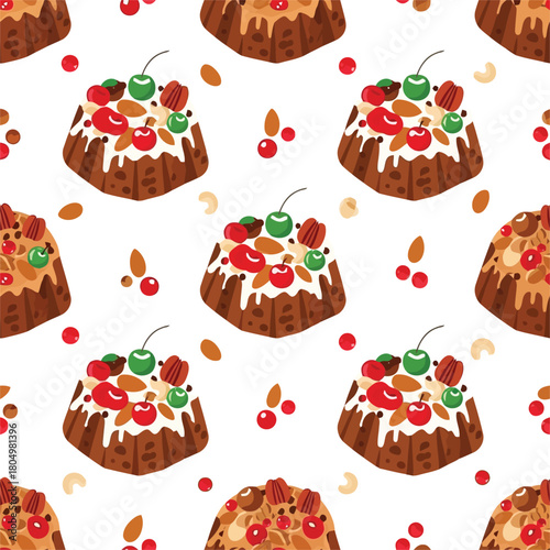 Fruitcake pattern with cherries nuts and icing christmas cake