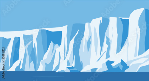 Stylized illustration of towering blue and white ice cliffs and glaciers meeting the calm ocean in a cold, arctic landscape.