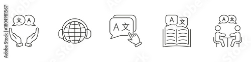 Language Translation And Communication Icon Set. Multilingual Support, Global Communication, And Language Learning Outline Symbol Collection. Editable Stroke. Isolated Vector Illustration