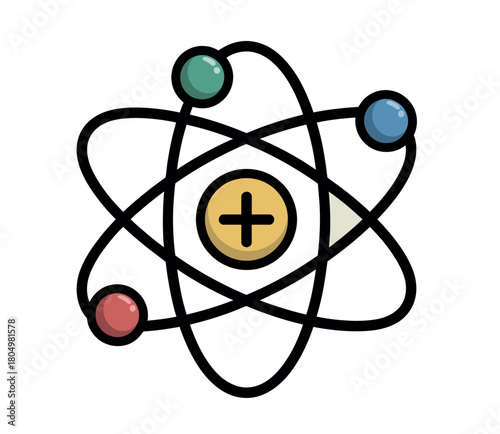 The atom represents the fundamental building block of matter with electrons orbiting a nucleus containing protons and neutrons.