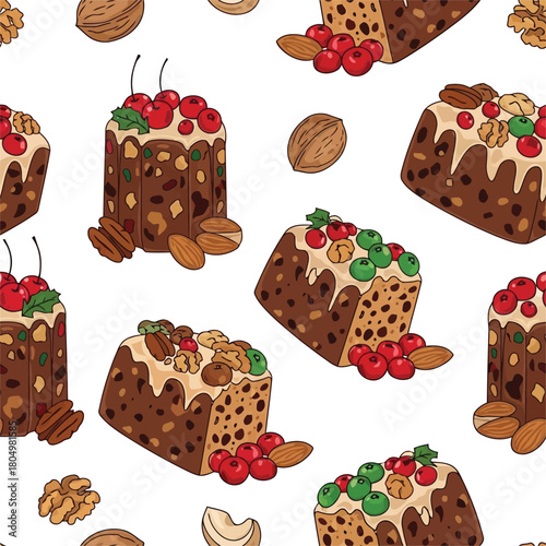 Festive fruitcake and nuts seamless pattern illustration