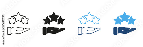 Hand Holding Stars Line And Solid Icon Set. Customer Satisfaction, Quality Assurance, And Service Excellence Outline And Silhouette Symbol. Business And Feedback. Isolated Vector Illustration