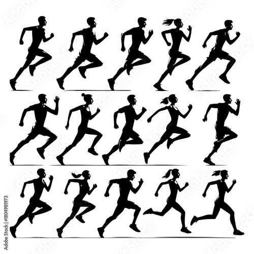 Collection of silhouettes of diverse people running in different poses and paces