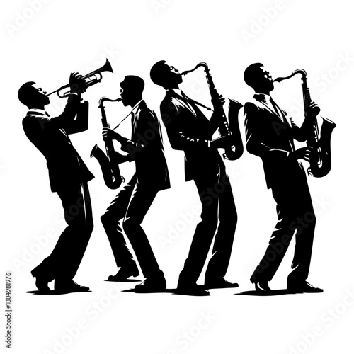 Silhouette of a jazz band playing various brass and woodwind instruments on a white background