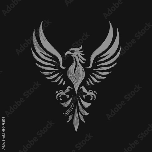 Gray phoenix with wings spread on a black background