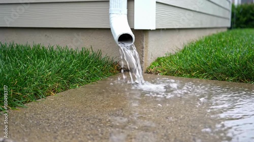 Powerful stream flowing from downspout during heavy rain, water drainage and overflowing, home exterior and foundation issues