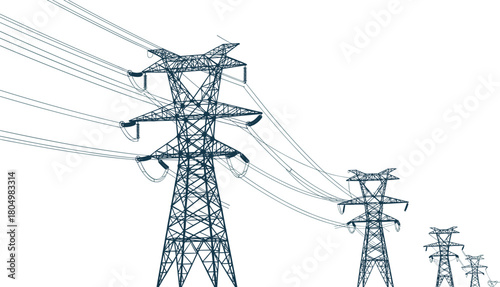 High voltage electric transmission tower vector illustration, connected power lines, pylon energy grid infrastructure, industrial cable perspective design.
