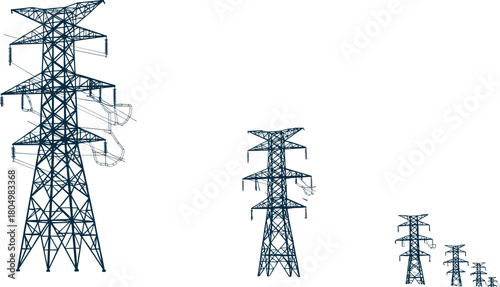 High voltage electric transmission tower vector illustration, power line pylon silhouette, industrial energy grid infrastructure, perspective view design.
