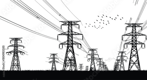 High voltage power lines silhouette, transmission towers, electricity grid infrastructure, energy distribution vector illustration, flying birds.