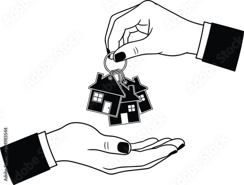 Real estate agent hands passing house keys to client, business suit, property transfer, mortgage deal, vector line art illustration.
