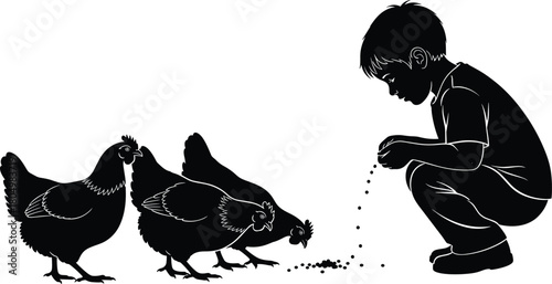 Child feeding chickens silhouette, farm animal care illustration, boy giving food to hens, rural countryside life vector art