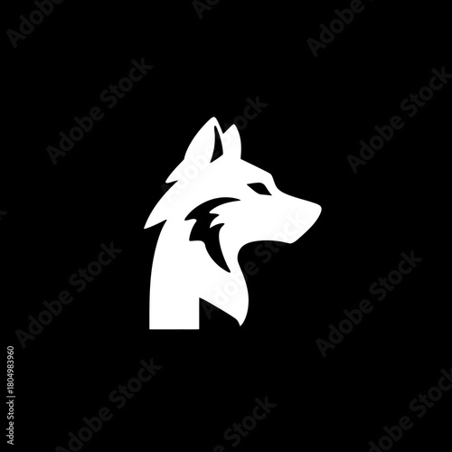 White wolf head silhouette profile, black background