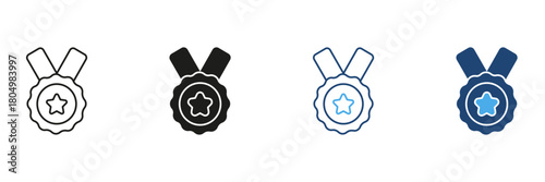 Medal With Star Line And Solid Icon Set. Achievement, Excellence, And Award Recognition Outline And Silhouette Symbol Collection. Honor And Success Concept. Isolated Vector Illustration