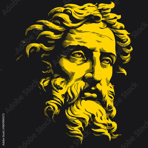 Yellow man's head illustration with curly hair and beard