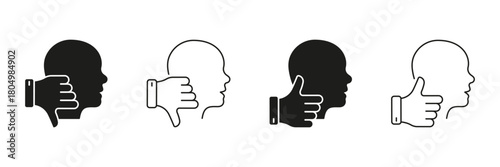 Head With Thumbs Up And Down Line And Solid Icon Set. Decision Making, Approval, And Disapproval Silhouette Symbol Collection. Feedback And Evaluation Concept. Isolated Vector Illustration