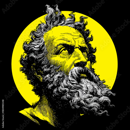 Ancient bust of a man with flowing hair and beard in front of a sun