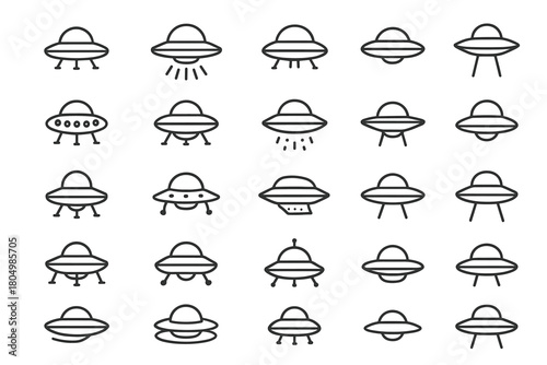 A set of 25 minimalist black and white linear icons of UFOs (flying saucers).