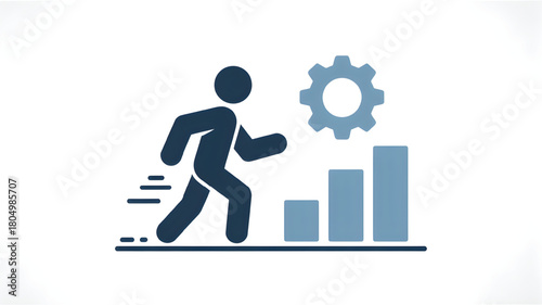 Man running up bar graph stairs with gear flat vector illustration for business growth and career success isolated on white background