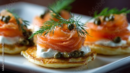 Elegant gourmet smoked salmon rosette on fluffy blini with cream cheese, fresh dill, and capers, perfect for a delicious brunch, fine dining, and stylish appetizer presentation