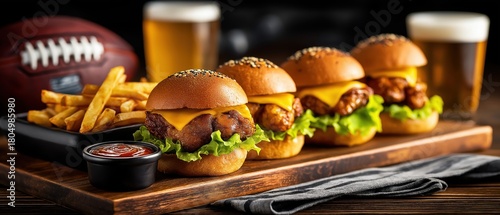 Sliders with cheese and french fries served with beer. Game day party food with an American football in the background