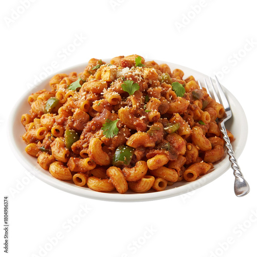 Masala Macaroni Desi Pasta with Vegetables and Spices on White Plate isolated on a transparent background 