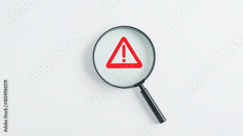 A magnifying glass highlights a red warning triangle, symbolizing caution or alertness, against a minimalist white background.