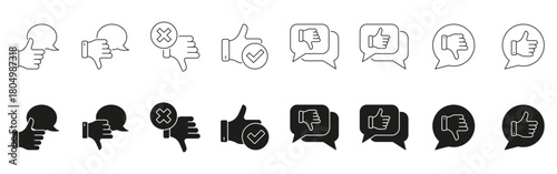 Thumbs Up And Down With Speech Bubbles Line And Solid Icon Set. Feedback, Approval, And Disapproval Symbol Collection. Communication And Opinion Expression. Isolated Vector Illustration