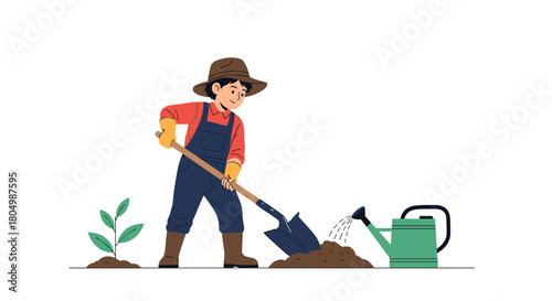 Farmer wearing overalls and hat digging with a shovel next to a plant and watering can.