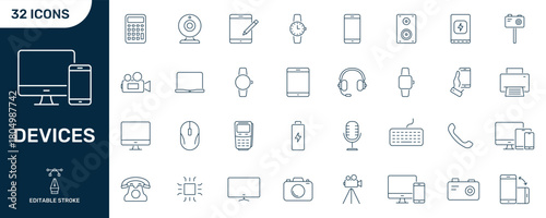 Electronic Devices Line Icon Set. Modern Technology, Communication, And Digital Gadgets Outline Symbol Collection. Editable Stroke. Isolated Vector Illustration