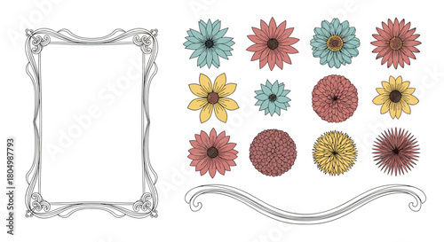 Vintage decorative frame with an assortment of colorful, hand-drawn flowers and ornate flourish elements.