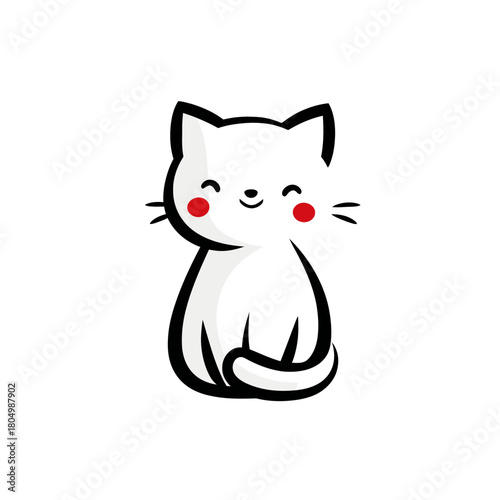 A cute white kitten with red cheeks sits and smiles