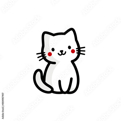 White cat sitting with red cheeks and happy expression