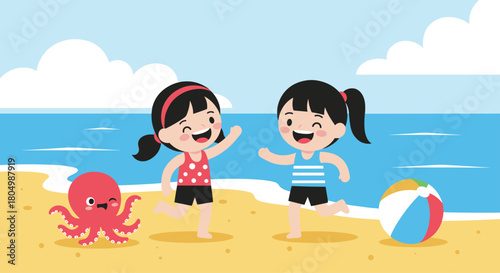 Two cartoon girls and an octopus play on a sandy beach by the ocean under a blue sky with clouds.
