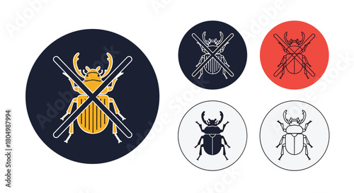 Collection of five circular icons featuring stylized beetles in various colors and designs, some with prohibition signs.