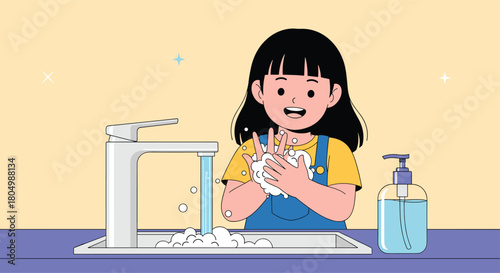 A cute cartoon girl washing her hands with soap and water at a sink, with hand sanitizer nearby.