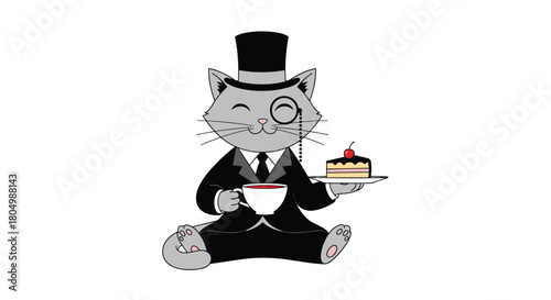 A distinguished gray cat in a tuxedo and top hat enjoys tea and cake.